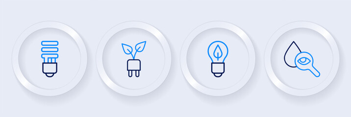 Set line Drop and magnifying glass, Light bulb with leaf, Electric saving plug and LED light icon. Vector