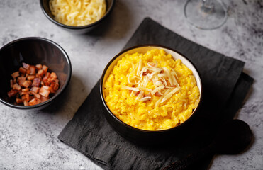 Pumpkin risotto with fried bacon