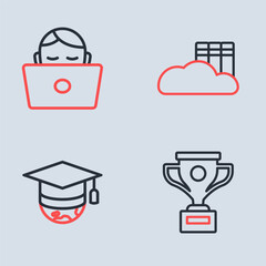 Set line Cloud or online library, Graduation cap globe, Award cup and Student working laptop icon. Vector