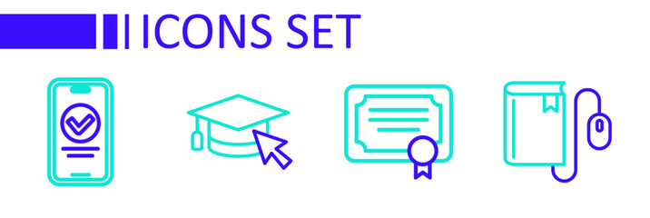 Set line Electronic book with mouse, Certificate template, Graduation cap cursor and Online quiz, test, survey icon. Vector