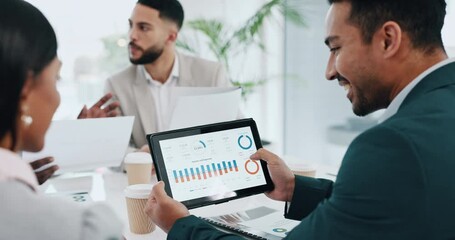 Business people, tablet and meeting in data analytics, statistics or graph and chart discussion at office. Group in team planning on technology, marketing strategy or corporate analysis at workplace