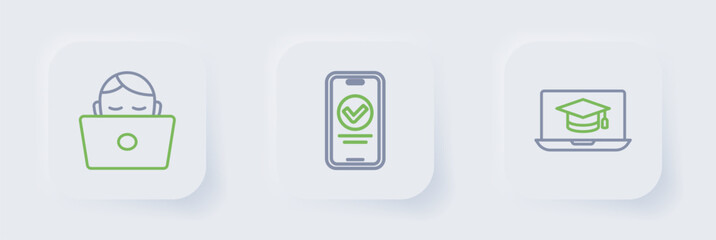 Set line Graduation cap on laptop, Online quiz, test, survey and Student working icon. Vector