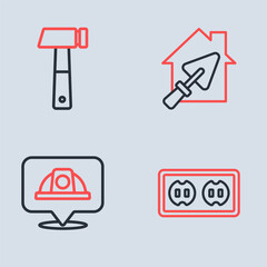 Set line House with trowel, Worker safety helmet, Electrical outlet and Hammer icon. Vector