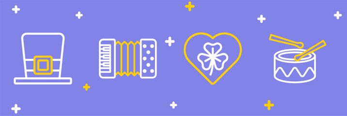 Set line Drum with drum sticks, Heart clover trefoil leaf, Accordion and Leprechaun hat icon. Vector