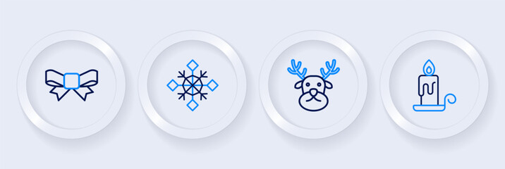 Set line Burning candle, Reindeer, Snowflake and Gift bow icon. Vector