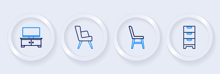 Set line Chest of drawers, Chair, Armchair and TV table stand icon. Vector