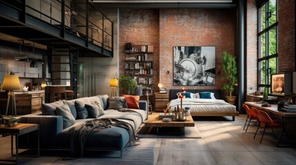 Beautiful interior of a one-room apartment loft style generative ai