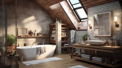 Loft interior design of bathroom, generative ai
