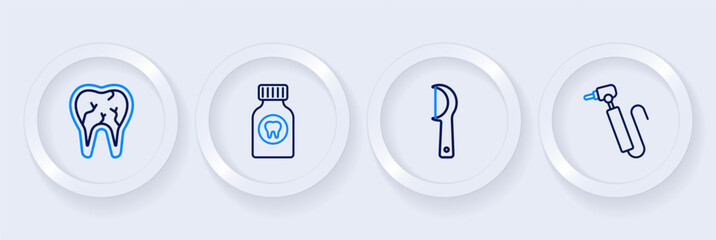 Set line Tooth drill, Dental floss, Toothache painkiller tablet and Broken tooth icon. Vector