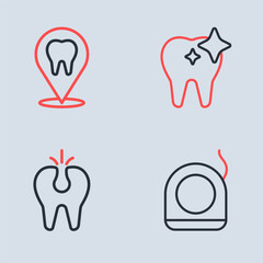 Set line Tooth whitening, Broken tooth, Dental floss and clinic location icon. Vector