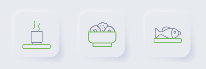 Set line Served fish on a plate, Chow mein and Cup of tea icon. Vector