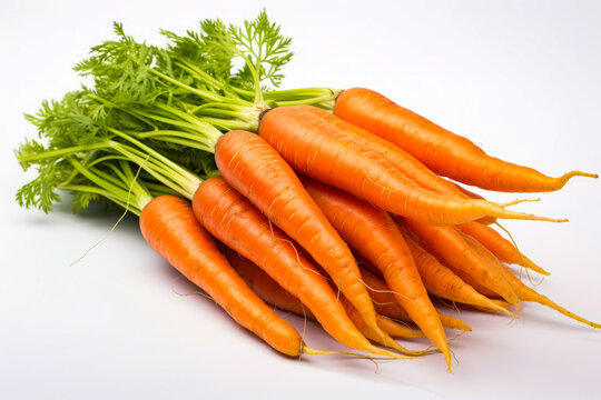 Pile of carrots sitting next to each other on white surface.
