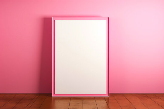 Pink frame on pink wall with wooden floor and pink wall.