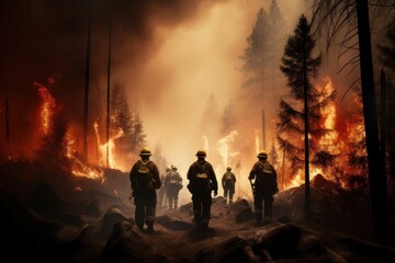 Fototapeta na wymiar Professional firefighters extinguish the forest, climate change, global warming