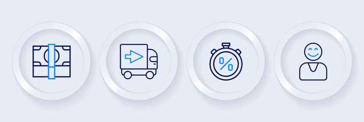 Set line Happy customer, Stopwatch percent discount, Delivery cargo truck and Stacks paper money cash icon. Vector