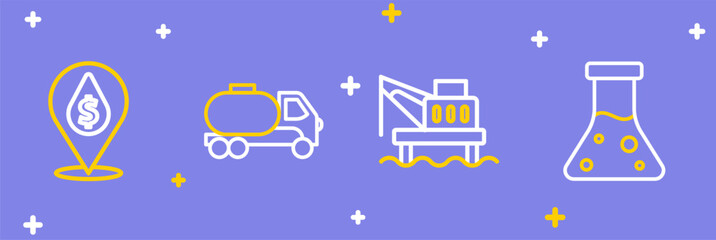 Set line Oil petrol test tube, platform in the sea, Tanker truck and drop with dollar symbol icon. Vector