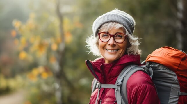 Image of attractive mature senior woman on hiking, Generative AI