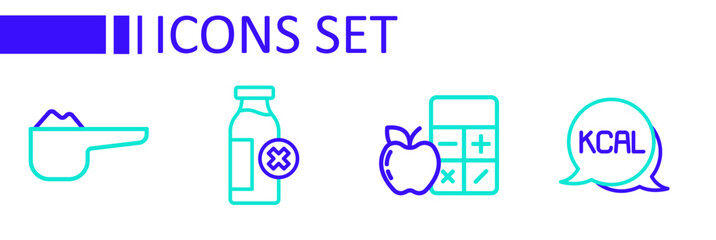 Set line Kcal, Calorie calculator, Lactose intolerance and Sports nutrition proteine icon. Vector