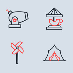 Set line Attraction carousel, Pinwheel toy, Circus tent and Cannon icon. Vector