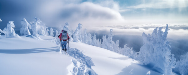 Mountaineer backcountry ski walking ski alpinist in the mountains. Ski touring in alpine landscape . generative ai