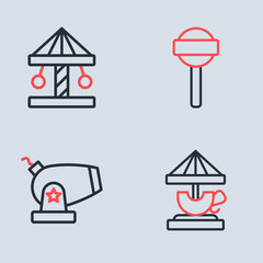Set line Lollipop, Cannon, Attraction carousel and icon. Vector