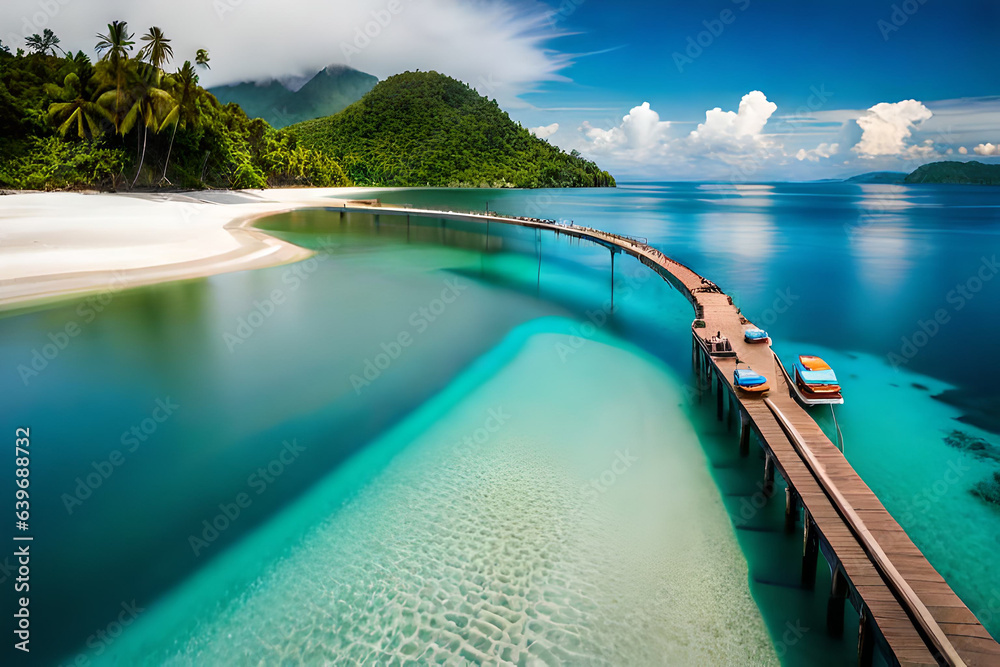 Wall mural beautiful sea and ring coral view from top of bohey dulang island