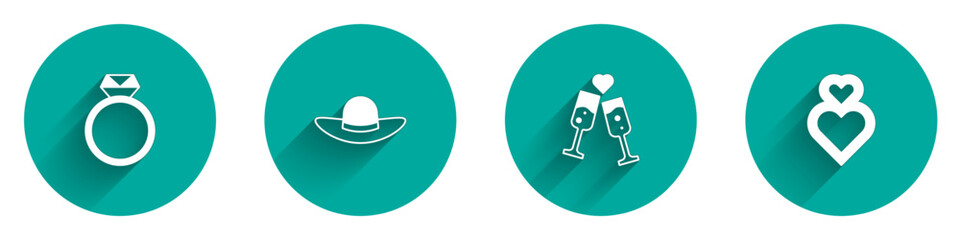 Set Diamond engagement ring, Elegant women hat, Glass of champagne and Heart icon with long shadow. Vector