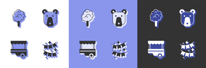 Set Carnival garland with flags, Cotton candy, Fast street food cart and Bear head icon. Vector