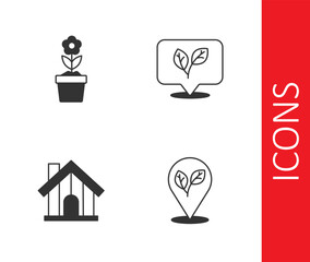 Set Location with leaf, Flower in pot, Farm house and Leaf icon. Vector