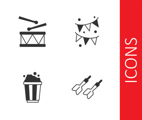 Set Dart arrow, Drum with drum sticks, Popcorn in cardboard box and Carnival garland flags icon. Vector