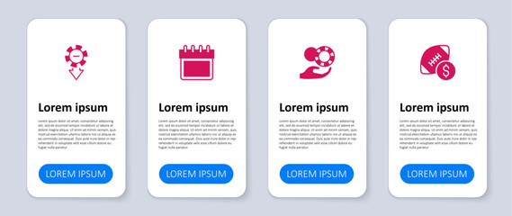 Set American football betting money, Hand holding casino chips, Calendar and Casino. Business infographic template. Vector