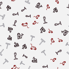 Set line Watering can, Flower tulip, Garden rake and Lawn mower on seamless pattern. Vector