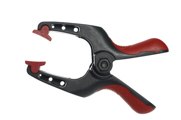 Open clamp, clamping and securing  workpieces isolated on white, clipping path