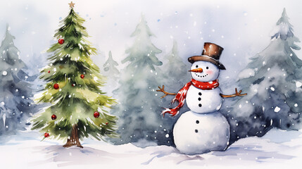 Obraz premium Snowman and Christmas tree, watercolor style. 