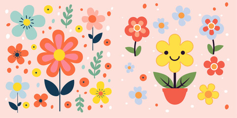 Fototapeta premium Vibrant Spring Cartoon Flowers: Leaves, Floral Bouquets, Flower Compositions, Cute, Minimalist Collection with Seamless Patterns.