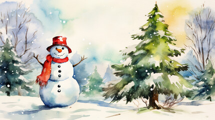 Obraz premium Snowman and Christmas tree, watercolor style. 