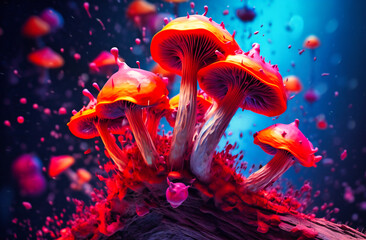 Obraz premium Vibrant mushrooms pop against a rainbow-hued backdrop, a delightful fusion of nature's palette and whimsical charm in a single frame.