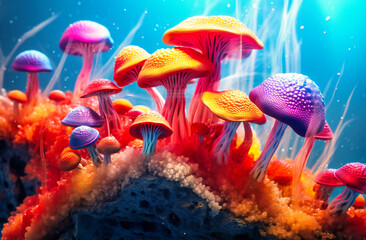 Obraz na płótnie Canvas A rainbow-hued backdrop highlights a collection of vibrant mushrooms, a harmonious fusion of natural beauty and colorful imagination.