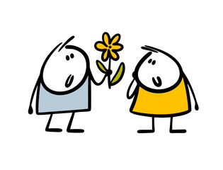 Stick figure young man gives a beautiful flower to cartoon girl for her birthday. Vector illustration of a stickman boy and gift for party holiday.