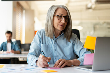 Confident senior businesswoman, writer taking notes using sticky notes looking at monitor in modern office. Gray haired manager wearing stylish eyeglasses sitting at workplace. Scrum, agile concept