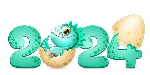 Cute newborn little dinosaur smiling in broken eggshell. New year 2024 concept