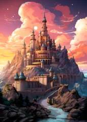 Schilderijen op glas Travel Poster - Lord of the Ring Minas Thirit castle landscape © Valentin