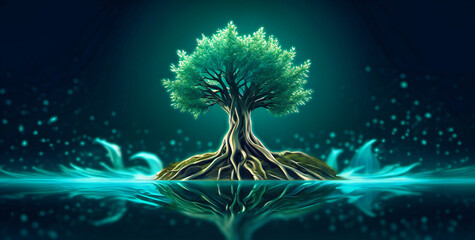 In a dark expanse, an animated tree flourishes within water, its roots delving deep an evocative symbol of life's resilience