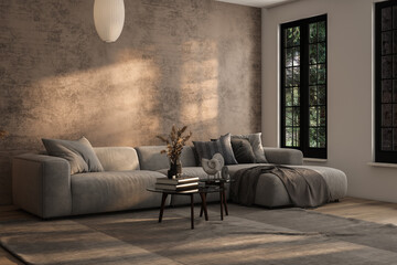 Luxury living room in warm colors. Brown beige walls, light gray lounge furniture sofa, table....