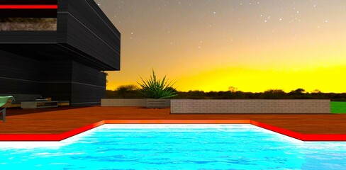 Glowing steps visible under the transparent water of the pool with the distant dawn sky on the background. 3d rendering.