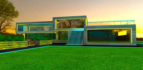 Fototapeten Yellow turquoise night lighting of the exterior elements of the contemporary compact dwelling at night. 3d rendering. © Oleksandr