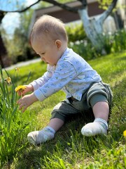 little child playing in the grass
