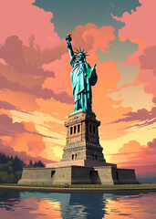 Fototapeta premium Travel Poster - USA - New York Liberty Status landscape