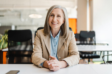 Portrait of smiling confident senior businesswoman, CEO, manager looking at camera working  in...