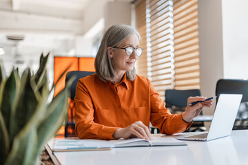 Portrait of beautiful confident senior woman, manager using laptop computer working online sitting in modern office. Business woman wearing stylish eyeglasses checking email. Technology concept  - obrazy, fototapety, plakaty